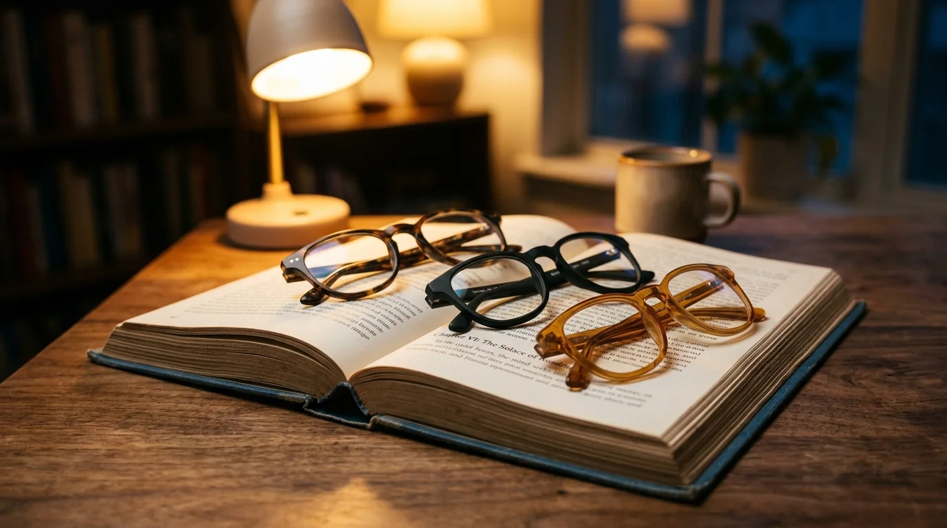 Three pairs of reading glasses rest on an open book under a glowing desk lamp on a wooden table.