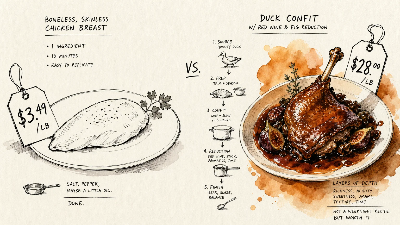 Comparison illustration of a simple chicken breast priced at $3.49/lb versus a complex duck confit dish priced at $28.00/lb.