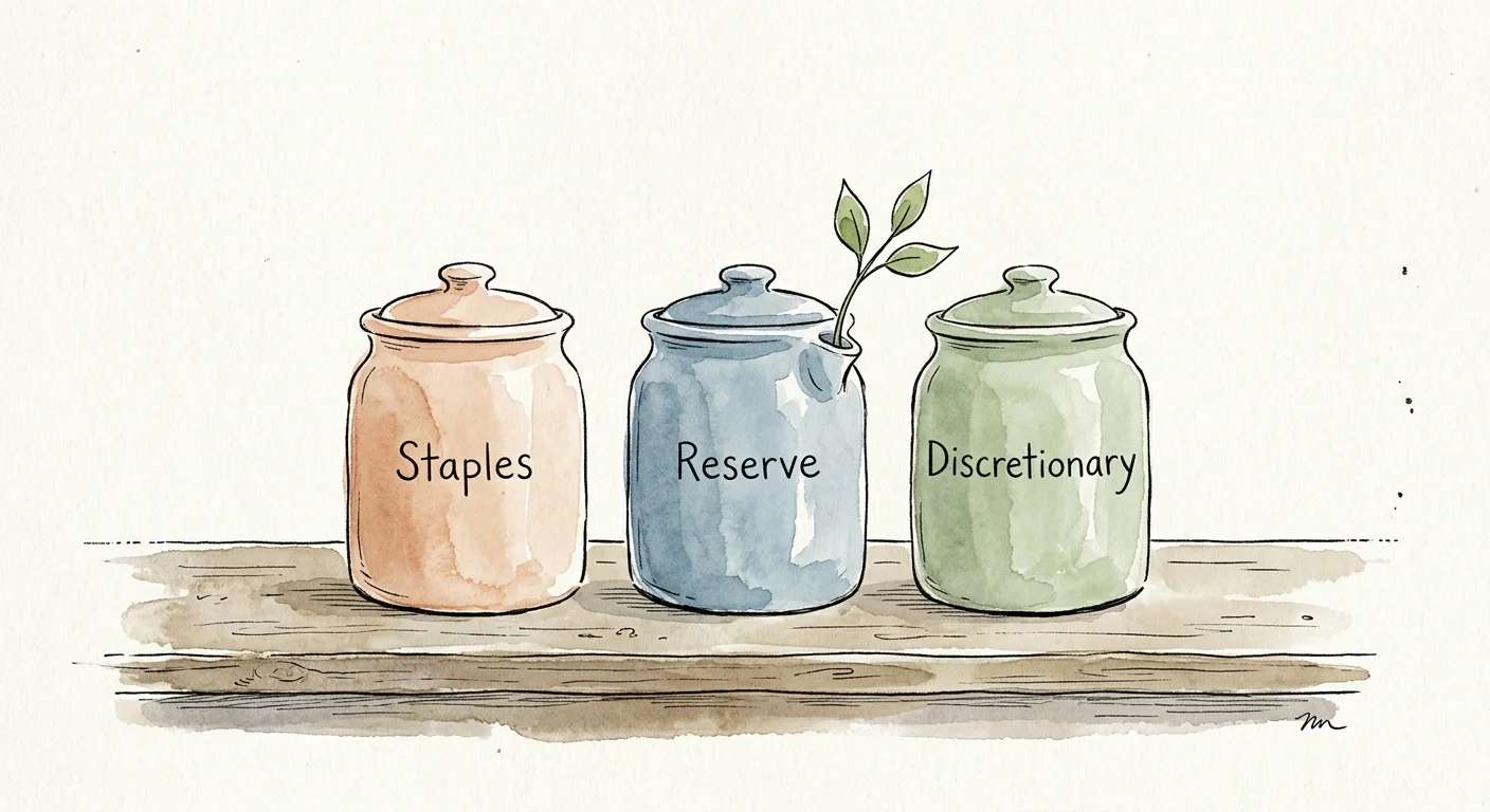 Three hand-painted watercolor canisters labeled Staples, Reserve, and Discretionary sitting on a wooden counter.