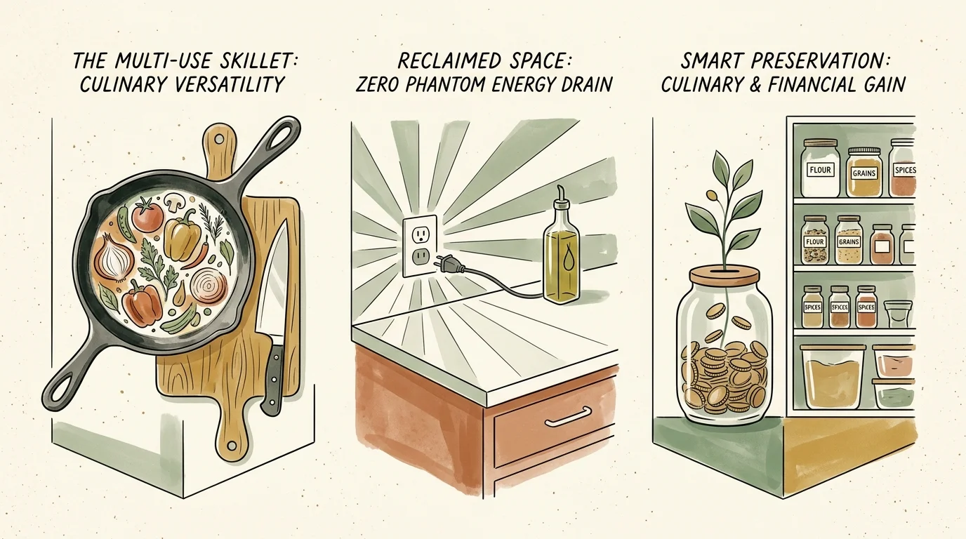 Triptych illustration showing a cast-iron skillet, an empty countertop with unplugged cord, and a pantry with coin jar.