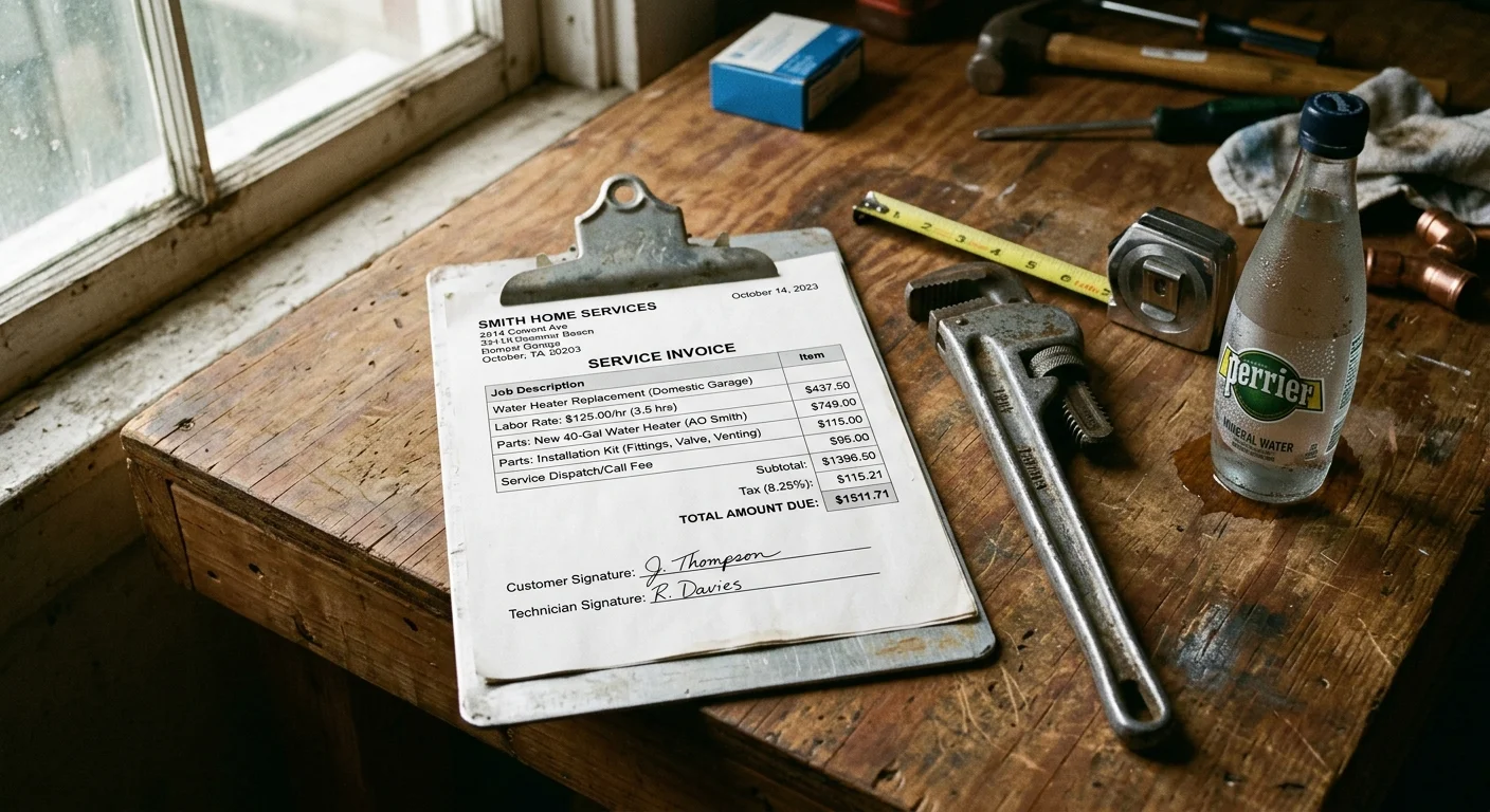 Service invoice on a clipboard on a wooden workbench next to a pipe wrench, measuring tape, and water bottle.