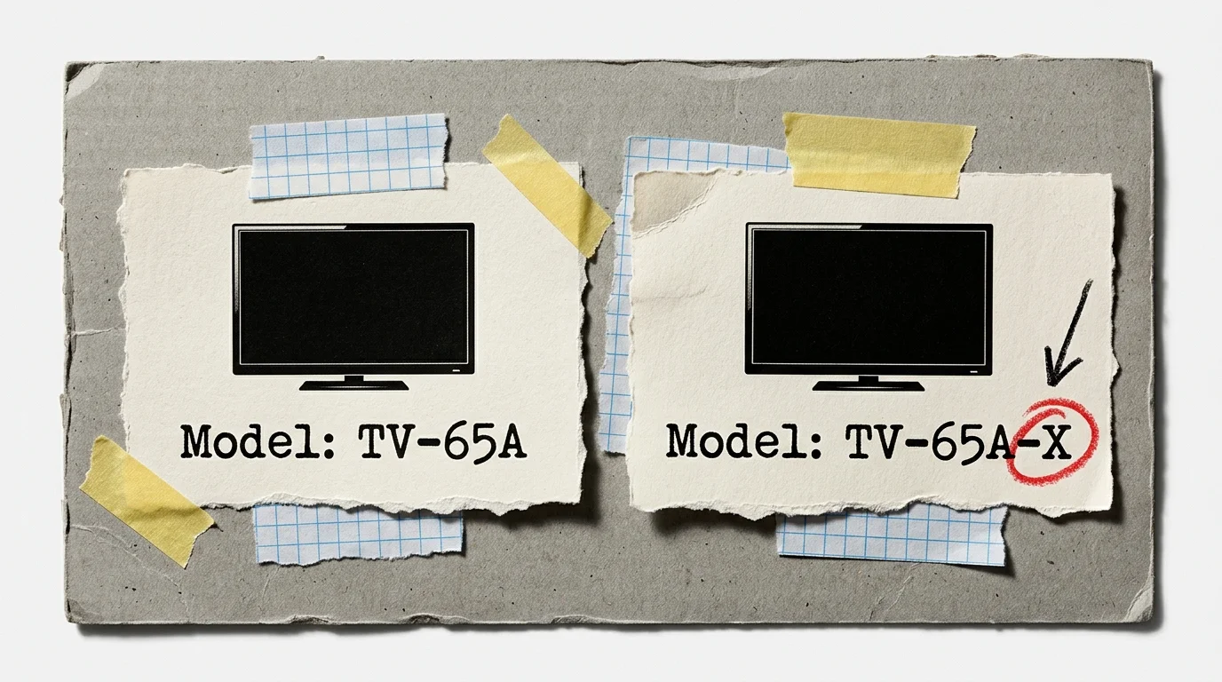 Two torn paper labels comparing model numbers TV-65A and TV-65A-X, with the extra X highlighted to show a SKU loophole.