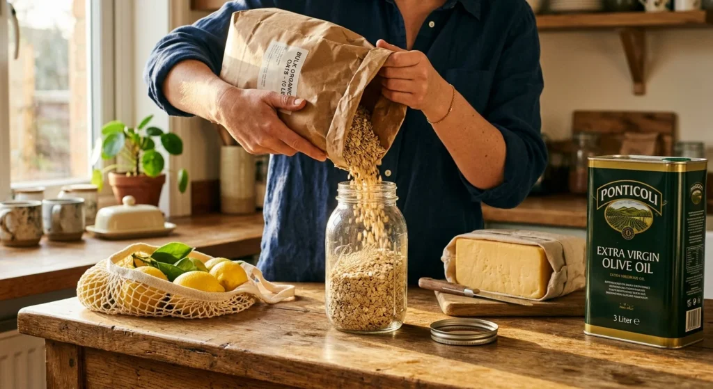 Warm 35mm film photo of hands decanting bulk grains into glass jars on a sunny rustic kitchen counter next to bulk grocery staples.