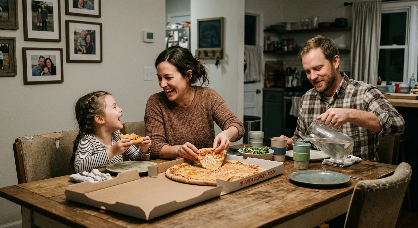 Warm documentary photo of a family laughing and sharing a whole cheese pizza at their dining table at home.