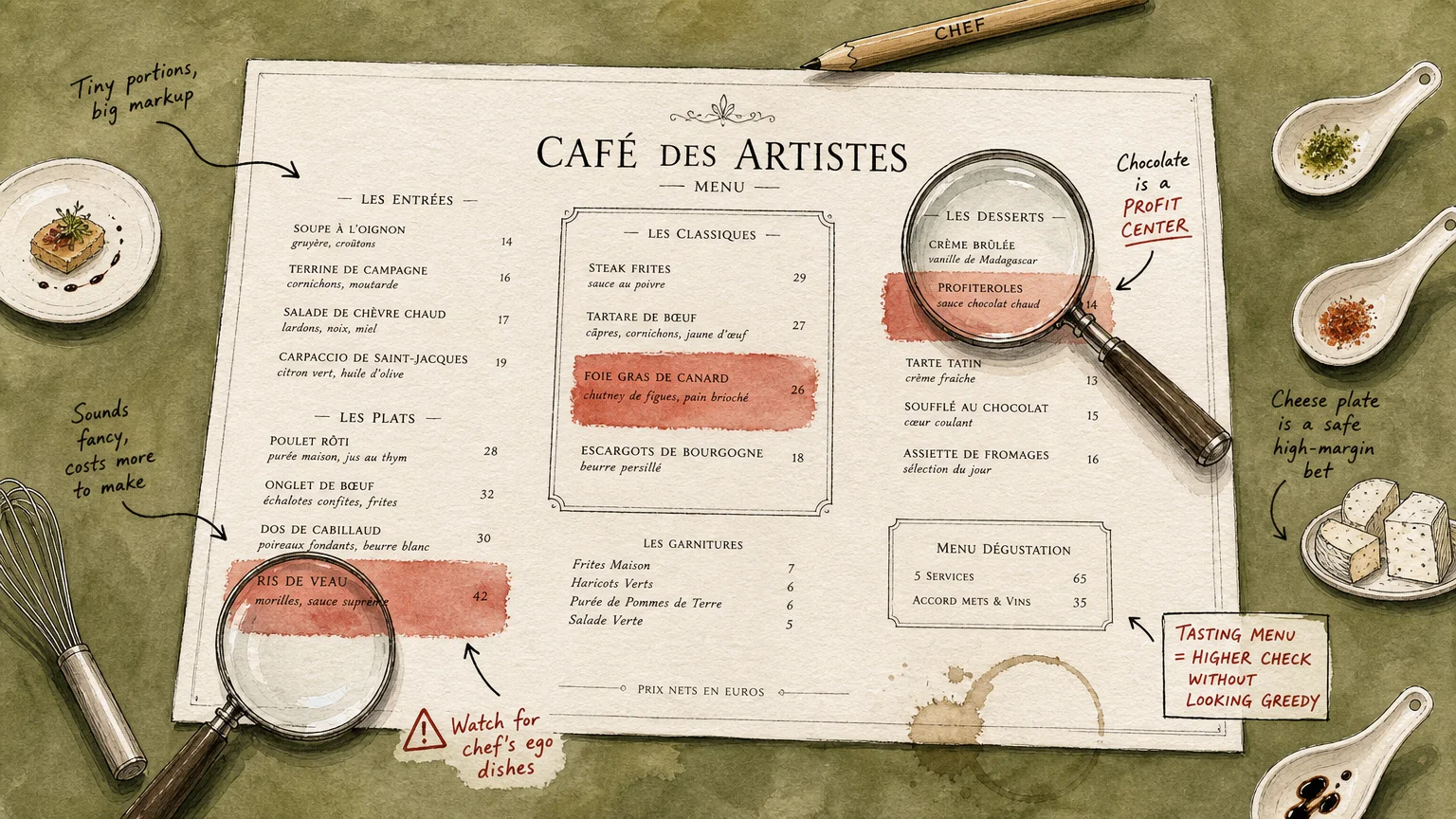 Illustrated French restaurant menu with handwritten annotations, magnifying glasses, and small food dishes around it.