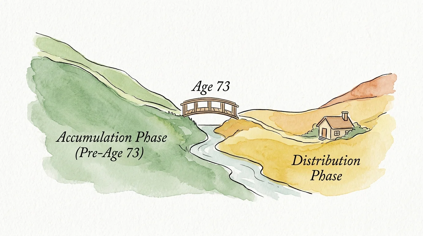 Watercolor illustration of a landscape showing a bridge labeled Age 73 connecting the Accumulation Phase to the Distribution Phase.