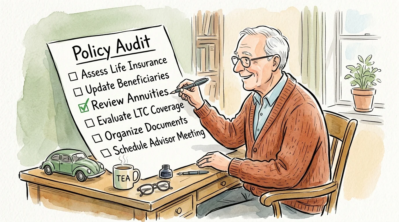 Watercolor illustration of an older man checking off items on a policy audit list next to a small toy car.