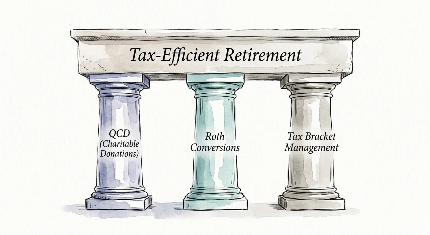 Watercolor illustration of three structural pillars labeled QCDs, Roth Conversions, and Tax Bracket Management supporting retirement.