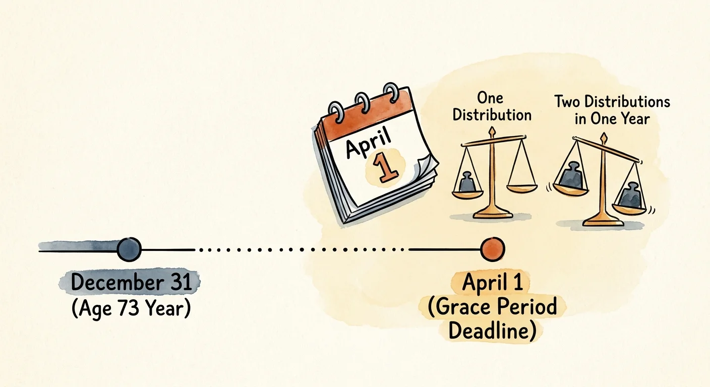 Watercolor timeline illustrating the April 1 grace period deadline and the dual-distribution tax trap.