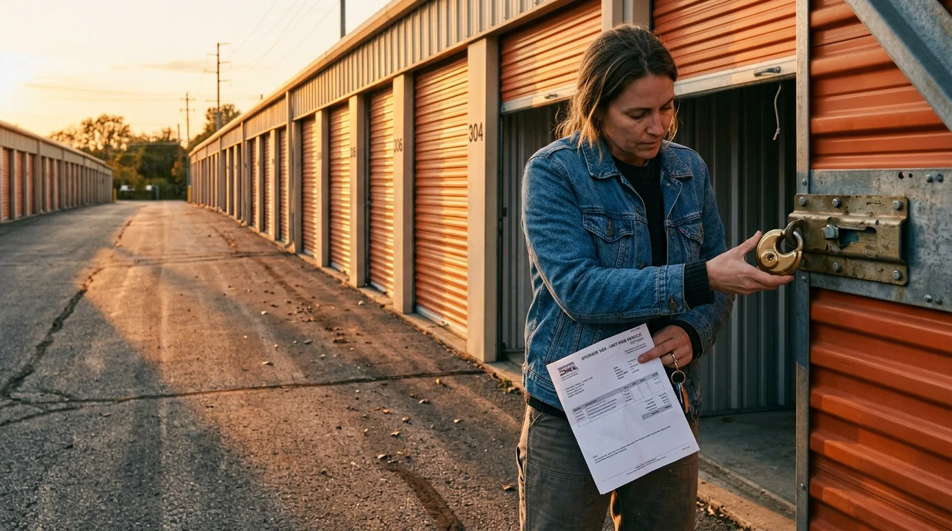 A woman holding a bill unlocks an orange outdoor storage unit with a round brass padlock.