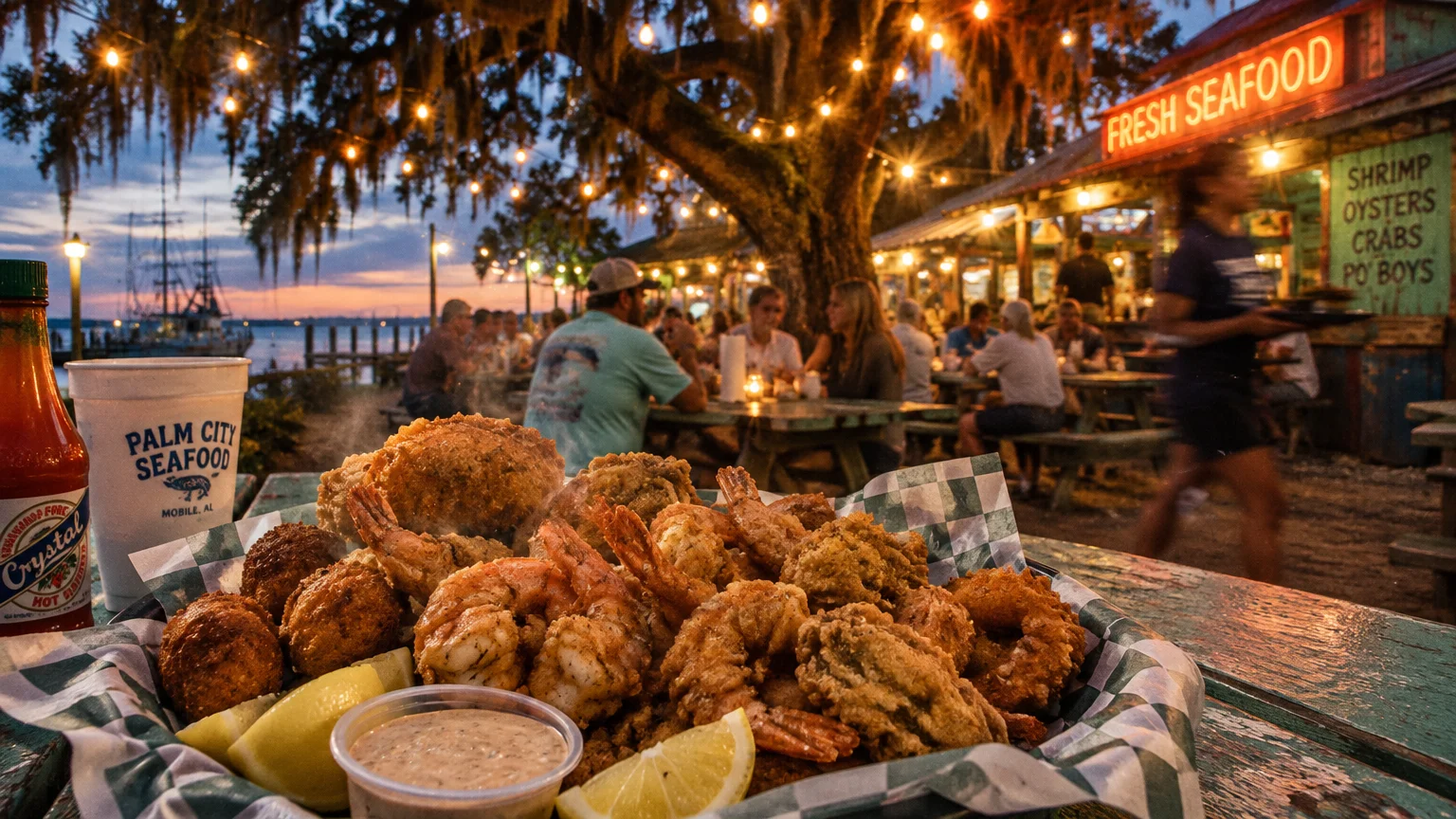 A fried seafood basket with shrimp and hushpuppies on a wooden table at an outdoor waterfront restaurant with string lights.