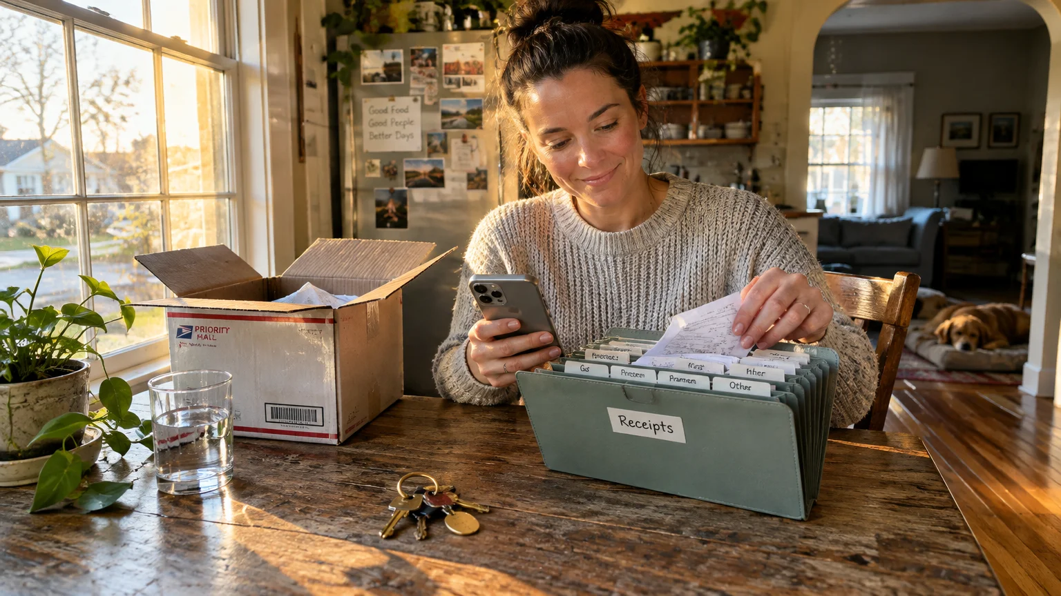 A woman sitting at a table with her phone, sorting receipts into an accordion organizer near an open shipping box.