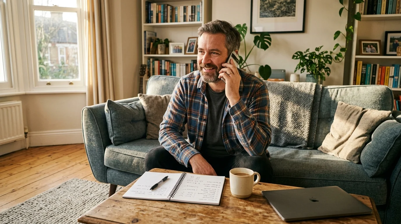 A smiling man sits on a couch talking on a cell phone, with a notebook, pen, laptop, and coffee mug on the coffee table.