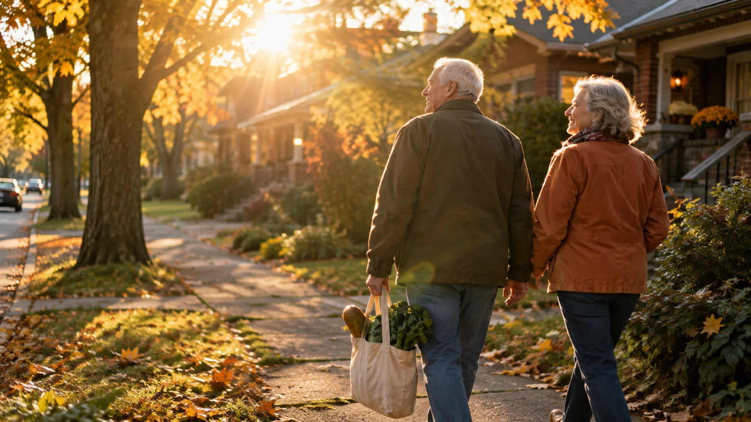 Senior couple holding hands while walking down a suburban sidewalk lined with autumn trees in golden sunlight.