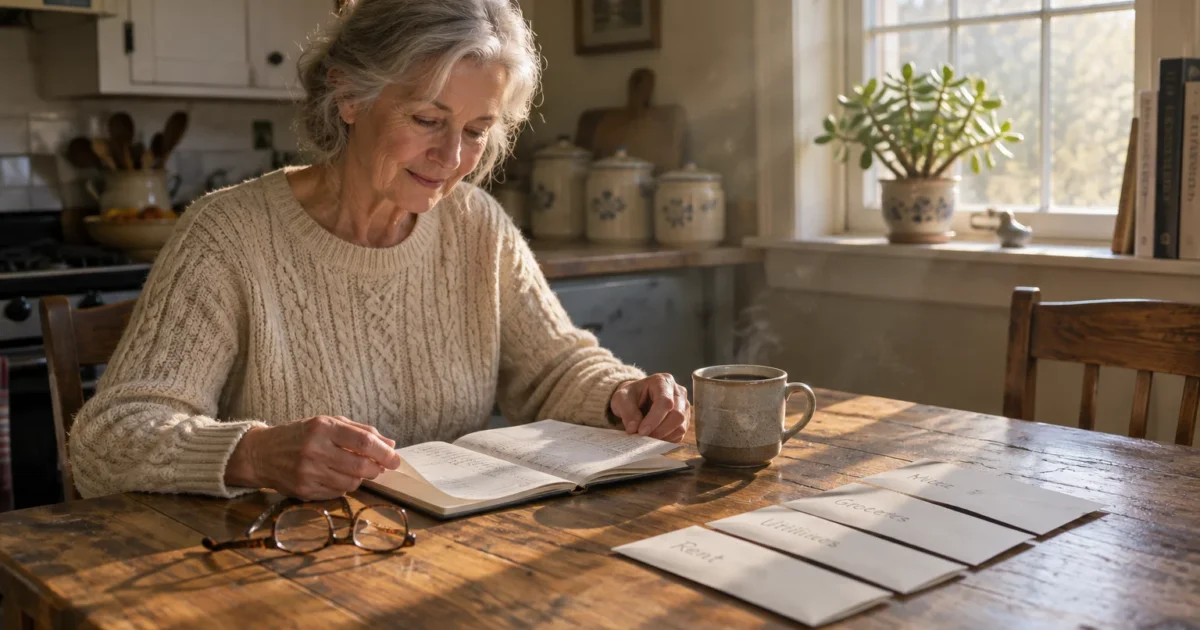 Senior woman sitting at a sunlit wooden kitchen table reading a ledger beside budget envelopes and a mug.