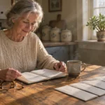 Senior woman sitting at a sunlit wooden kitchen table reading a ledger beside budget envelopes and a mug.