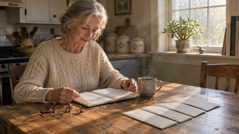 Senior woman sitting at a sunlit wooden kitchen table reading a ledger beside budget envelopes and a mug.