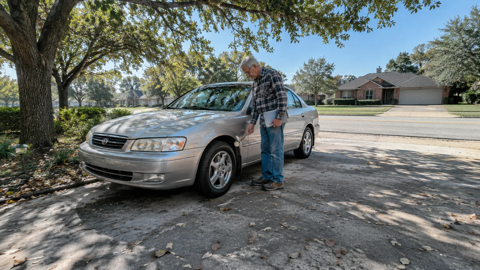 An older man holding a clipboard inspects a silver sedan parked in a suburban driveway.