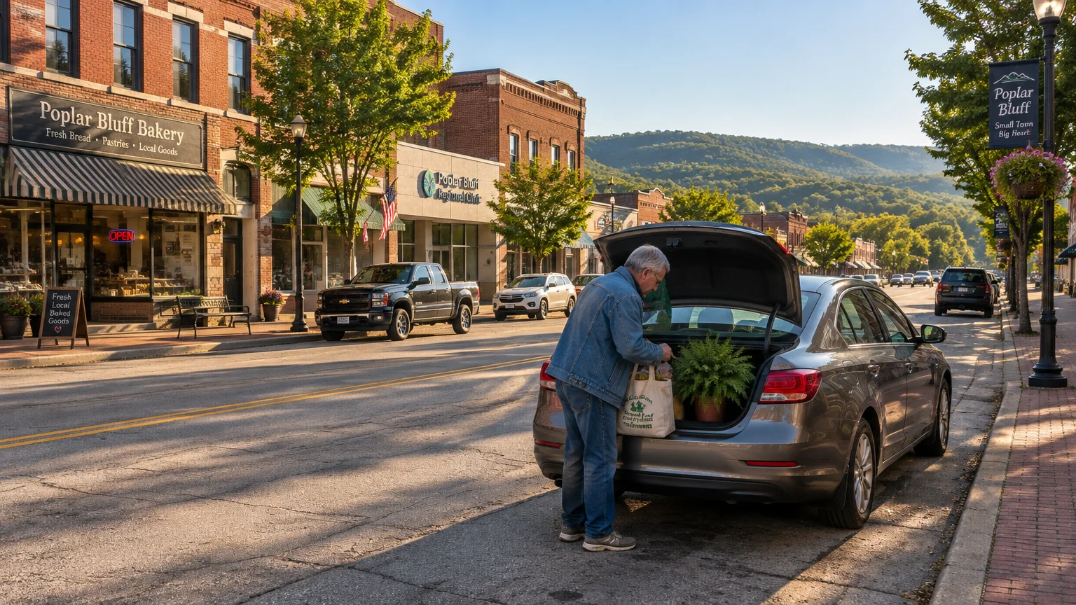 A man loads groceries and a potted plant into a sedan trunk along a sunny Poplar Bluff main street.