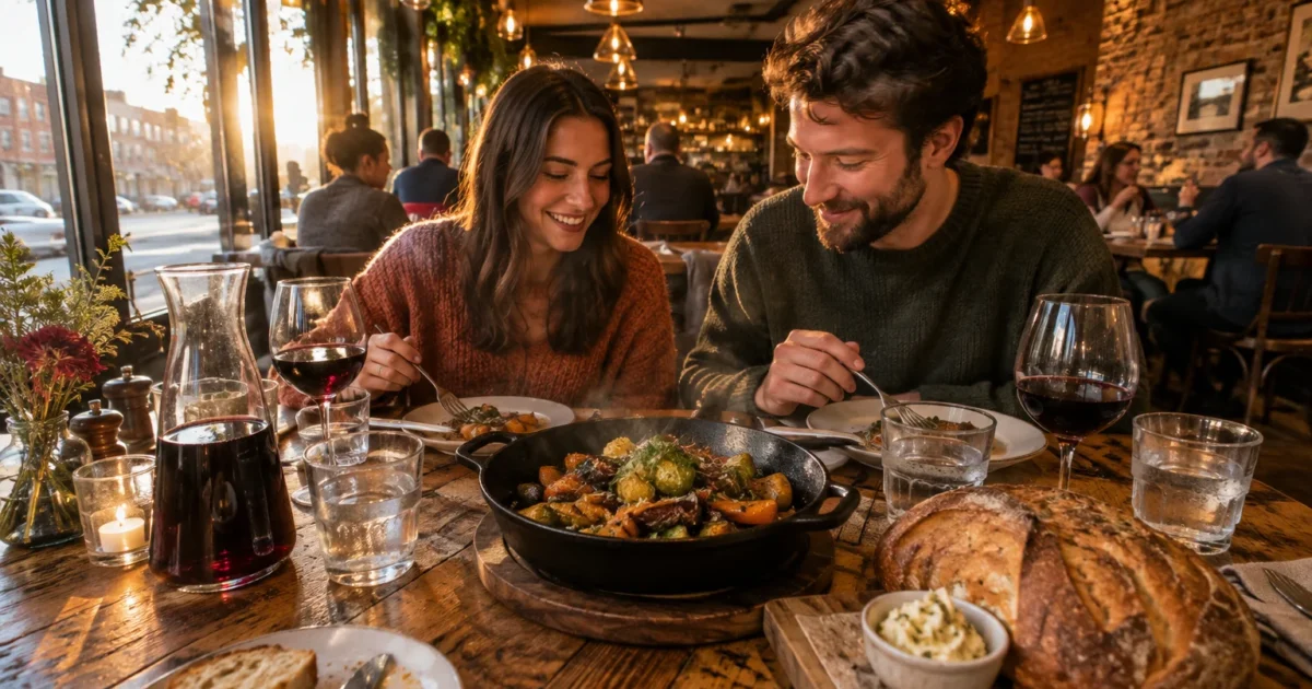 A smiling couple dining at a rustic wooden restaurant table with wine, bread, and a skillet dish.