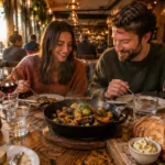 A smiling couple dining at a rustic wooden restaurant table with wine, bread, and a skillet dish.