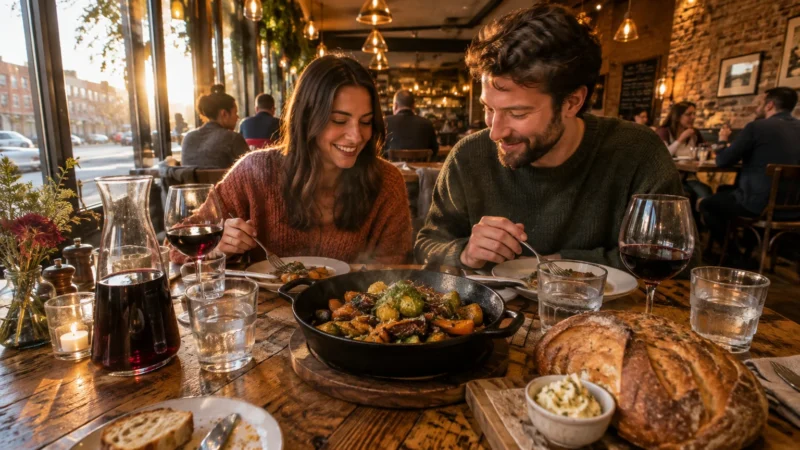 A smiling couple dining at a rustic wooden restaurant table with wine, bread, and a skillet dish.