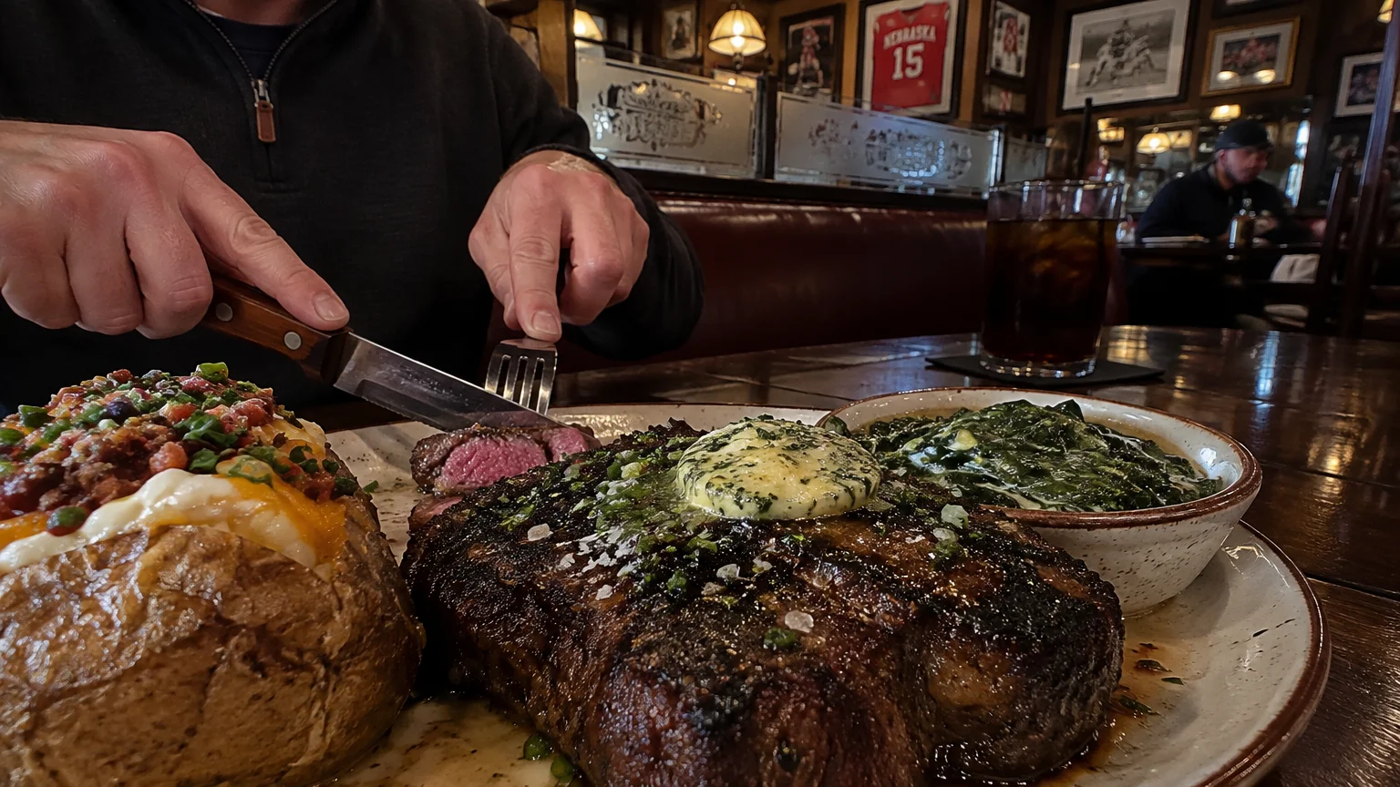 A diner slicing into a thick grilled steak served with butter, a loaded baked potato, and creamed spinach in a steakhouse.