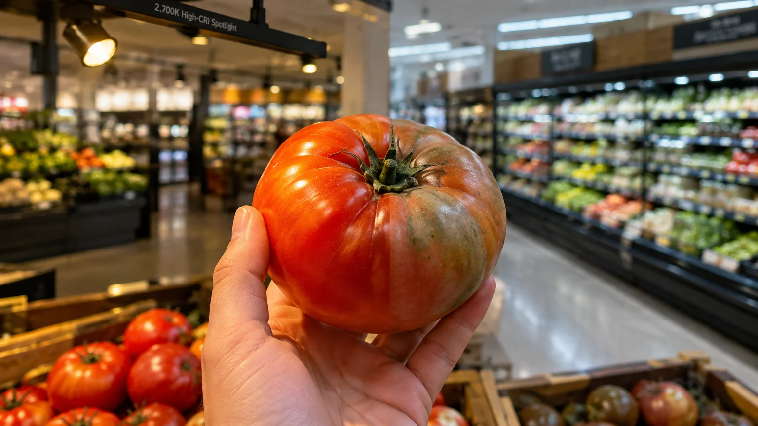 Hand holding a tomato split between bright red under a spotlight and dull, discolored green in a grocery store aisle.