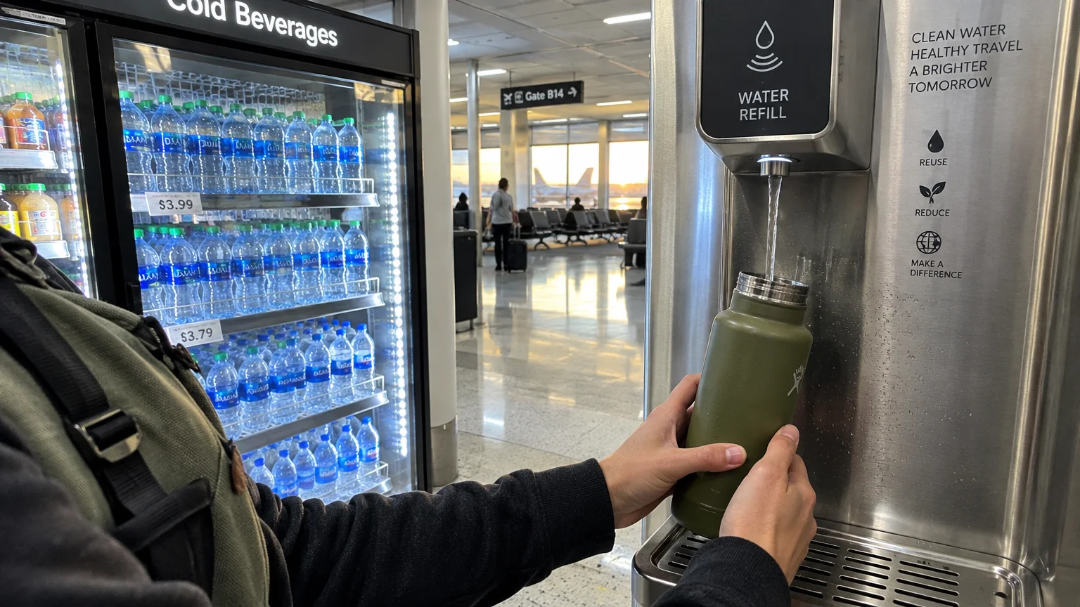 A person fills a green water bottle at an airport refill station next to a cooler stocked with bottled water.