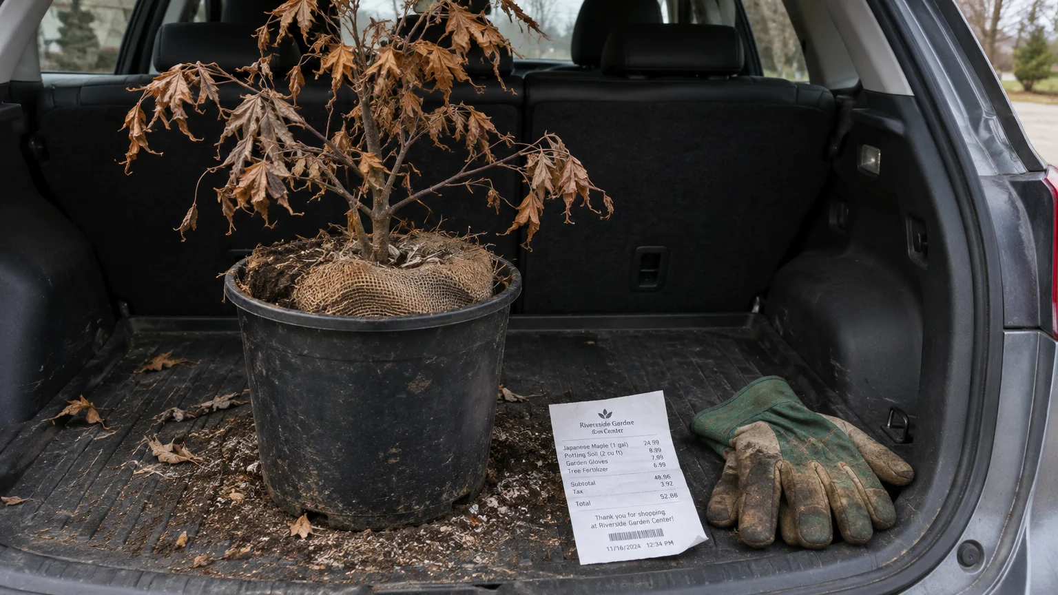 A dead potted maple tree, garden gloves, and a store receipt sitting in the open trunk of a car.