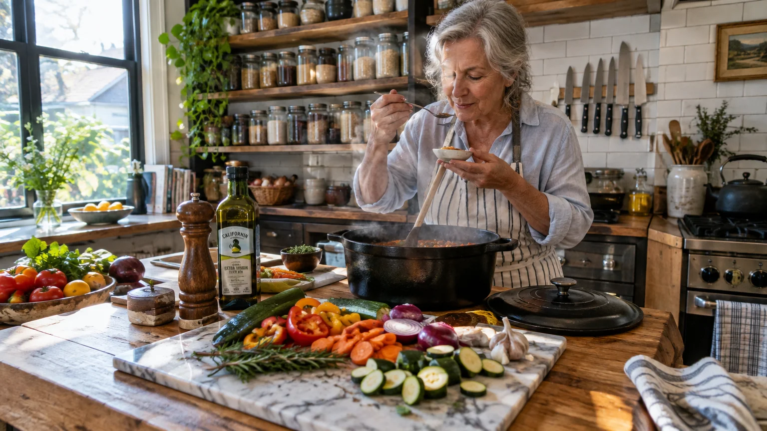 A woman in an apron tastes food from a steaming pot surrounded by sliced vegetables on a wooden kitchen island.