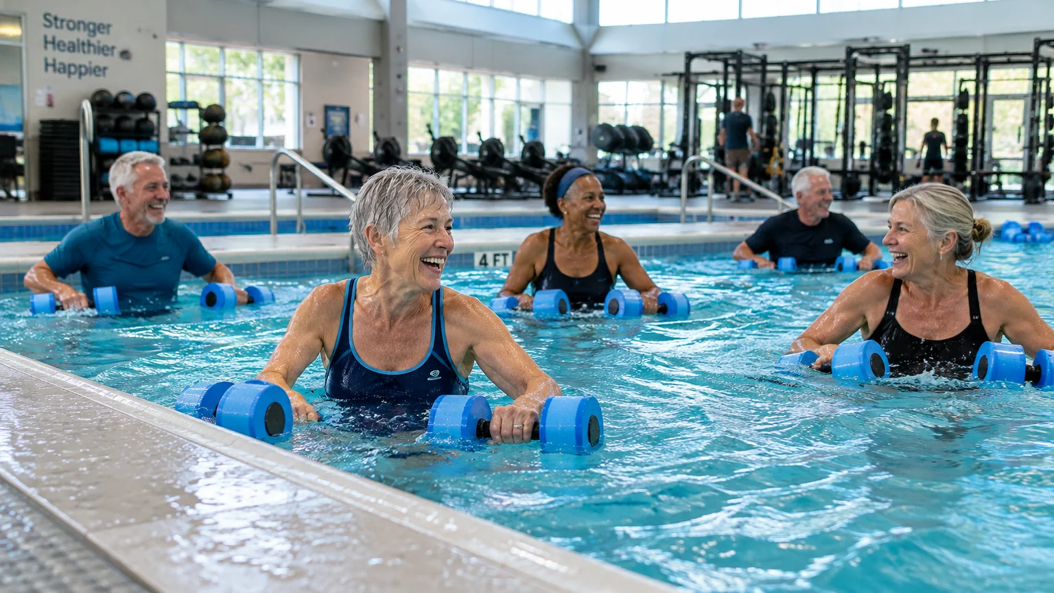 Smiling older adults exercising with foam water dumbbells during an aqua aerobics class in an indoor pool.