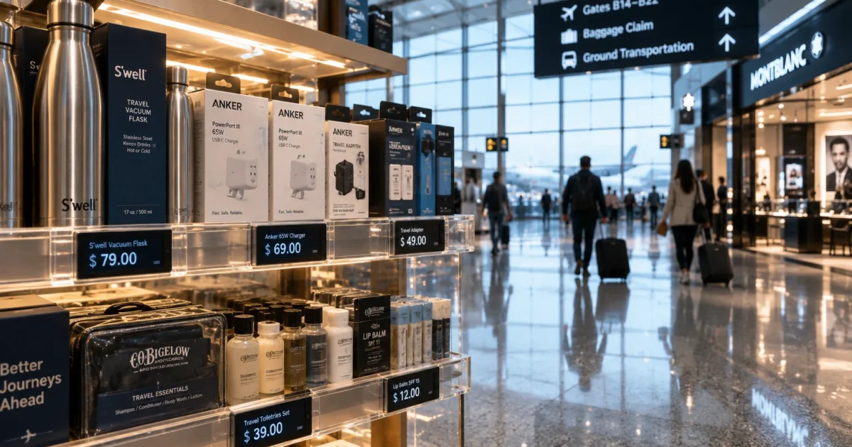 Shelves of travel essentials with high digital price tags inside an airport terminal store as passengers walk by.