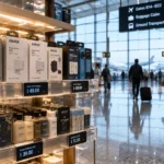 Shelves of travel essentials with high digital price tags inside an airport terminal store as passengers walk by.