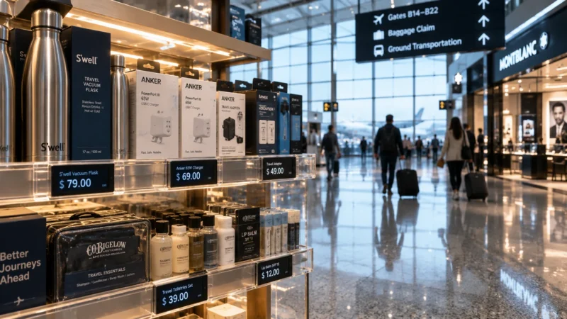 Shelves of travel essentials with high digital price tags inside an airport terminal store as passengers walk by.