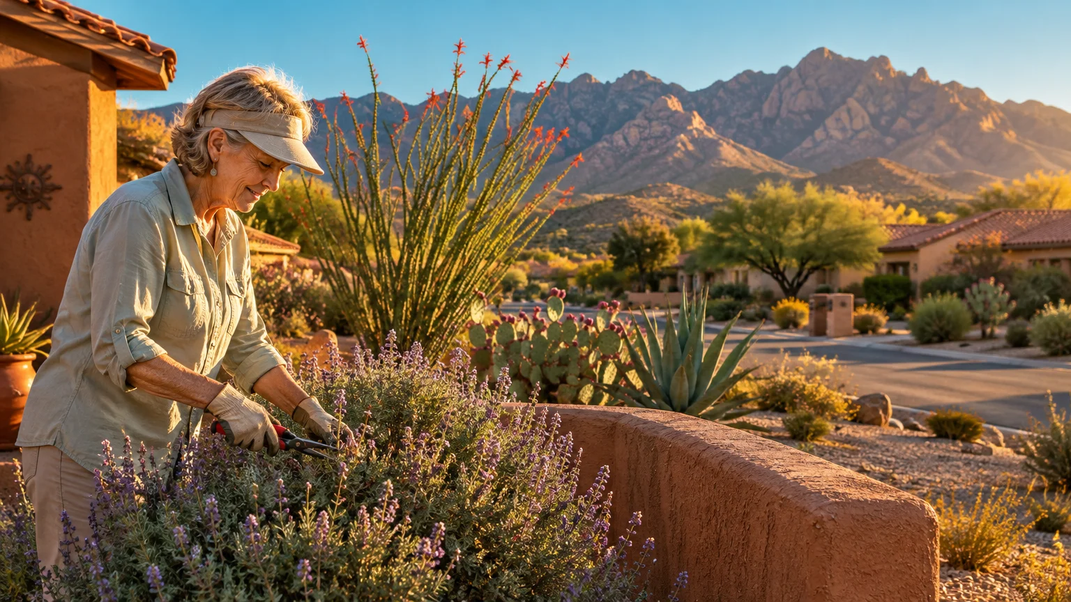 A smiling woman tends garden shrubs in front of a desert home, with cacti and rugged mountains in the background.