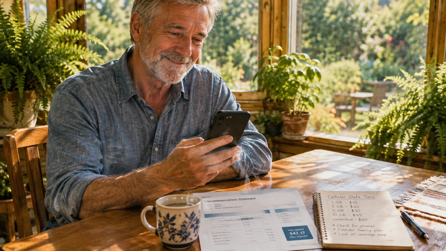 A senior man smiles at his smartphone at a wooden table beside a bill, notebook, and coffee mug in a sunlit room.