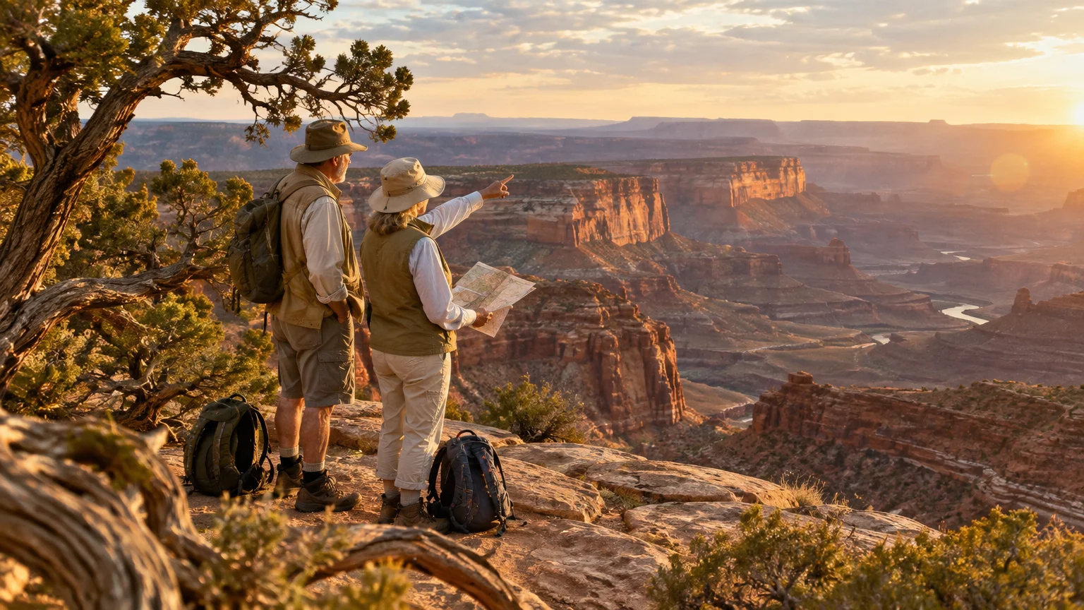 Two senior hikers with backpacks and sun hats overlook a vast canyon landscape at sunset.