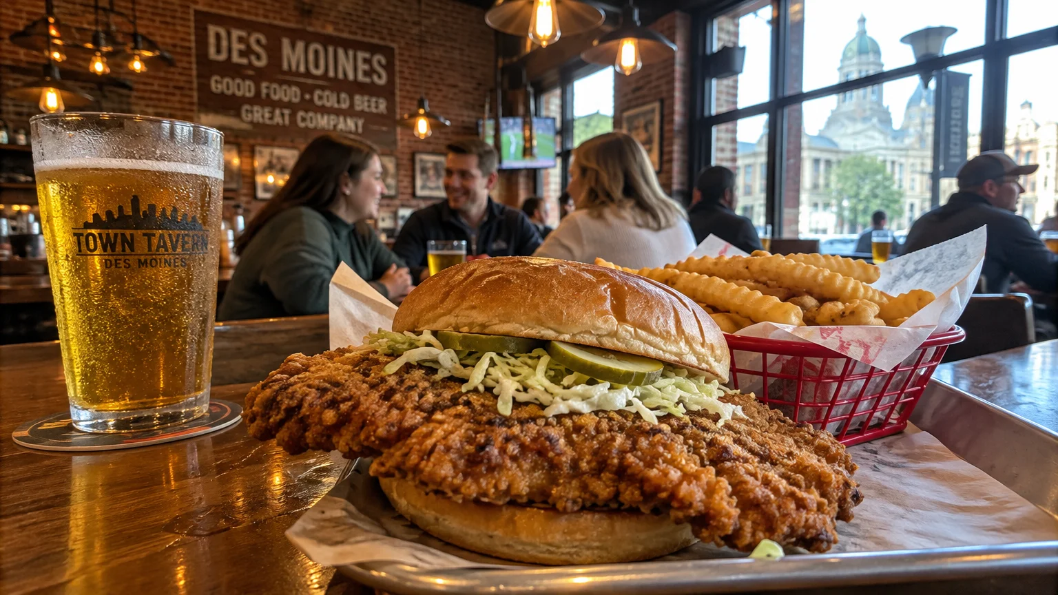 A large fried pork tenderloin sandwich with crinkle fries and a glass of beer on a tavern table with patrons.