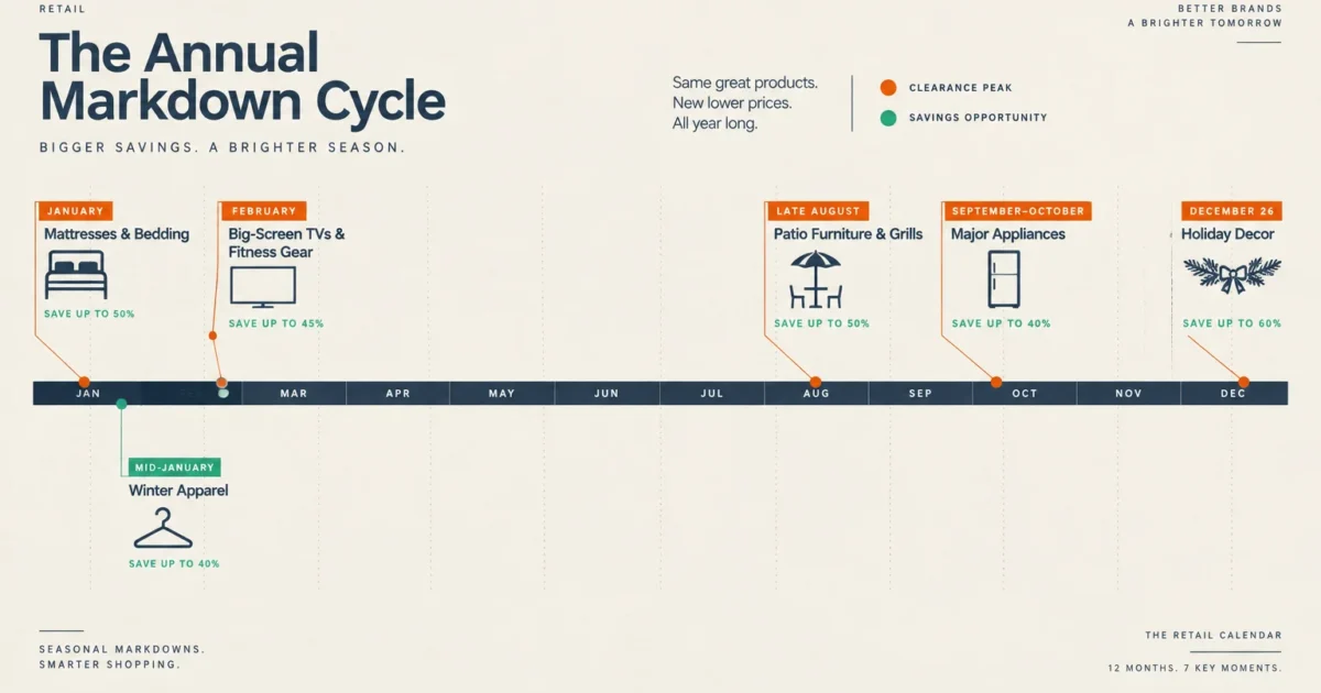 Timeline titled The Annual Markdown Cycle showing markdown months from January to December for retail products.