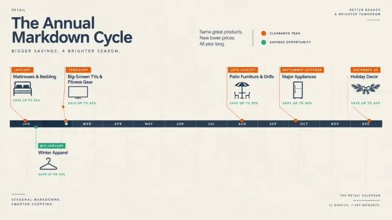 Timeline titled The Annual Markdown Cycle showing markdown months from January to December for retail products.