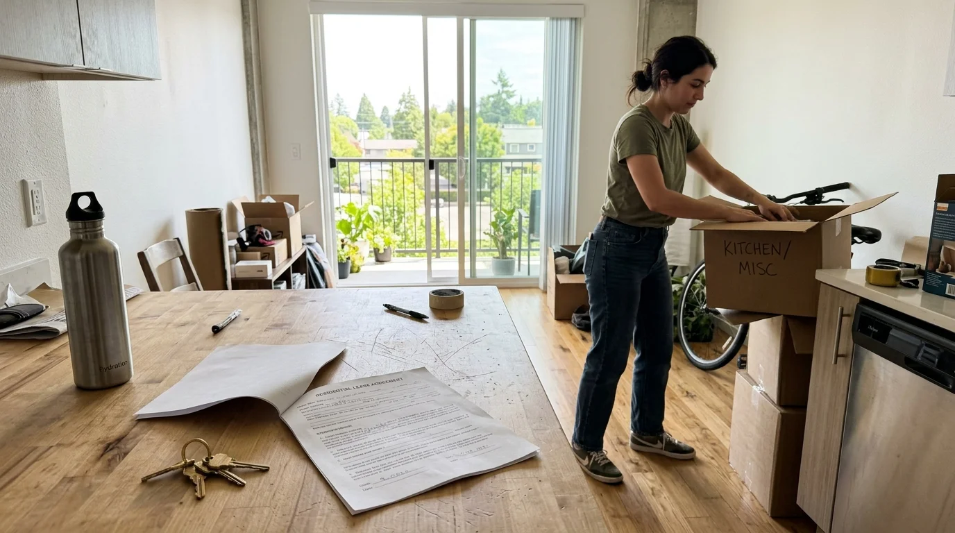 A woman unpacks moving boxes in an apartment next to a wooden counter holding keys and a signed lease agreement.