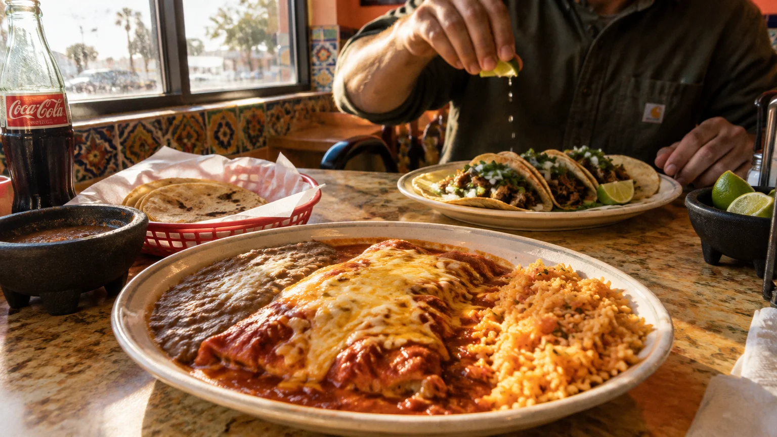 A Mexican meal with enchiladas, rice, beans, tortillas, and tacos on a table as a person squeezes a lime.
