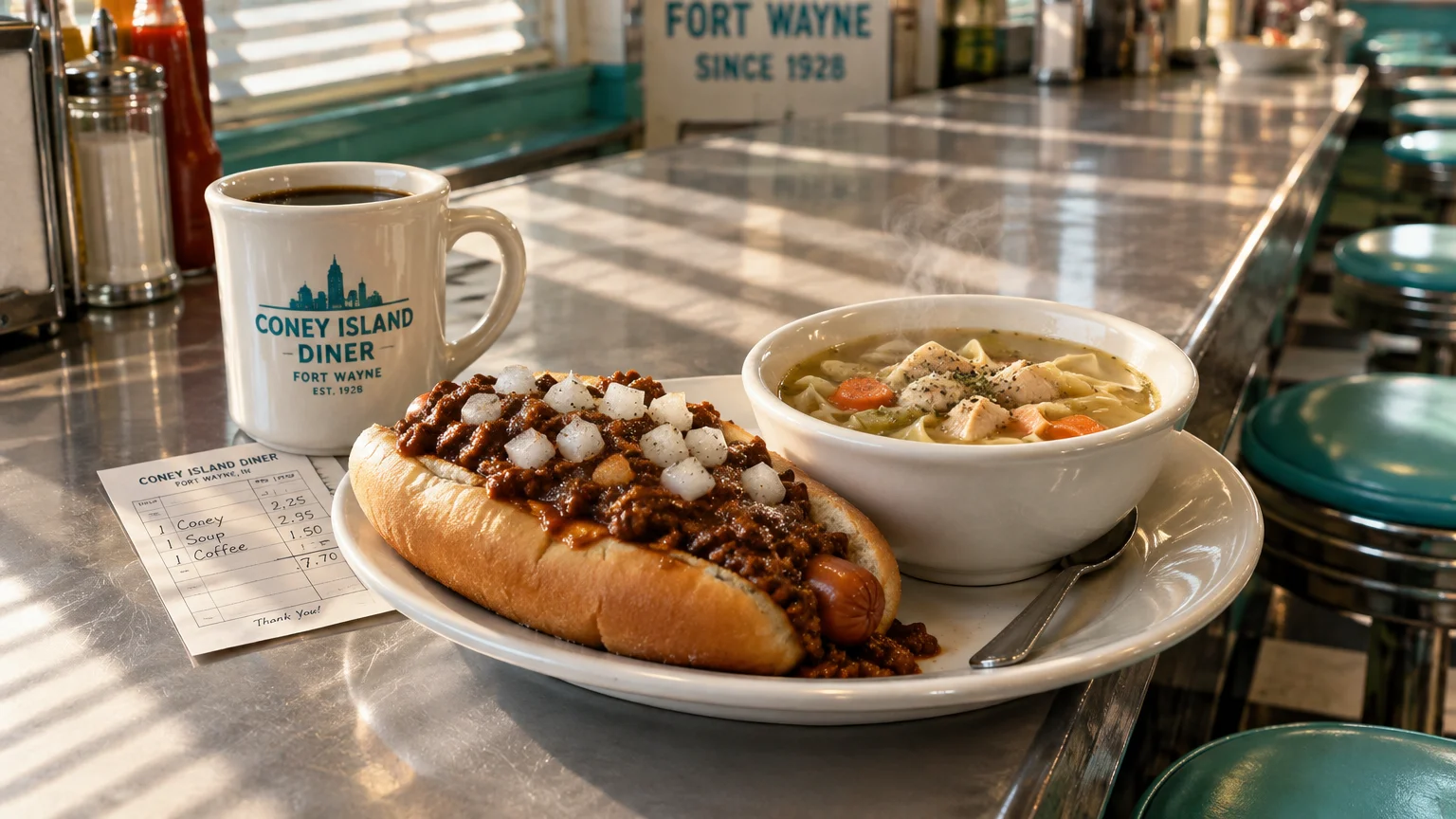 A chili dog, bowl of chicken noodle soup, mug of coffee, and paper receipt on a stainless steel diner counter.