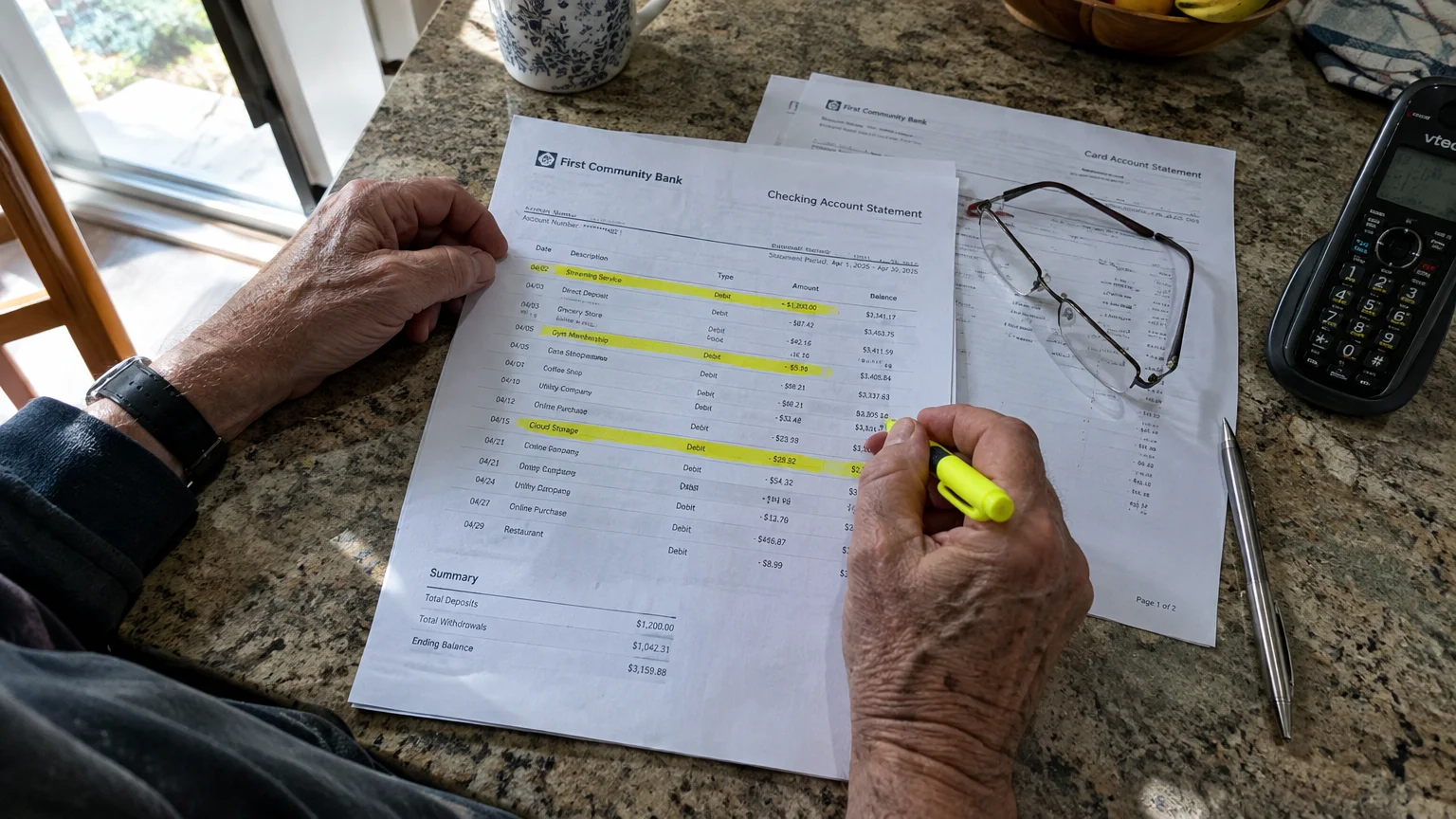 A person reviewing a printed bank statement with a yellow highlighter next to eyeglasses and a phone.