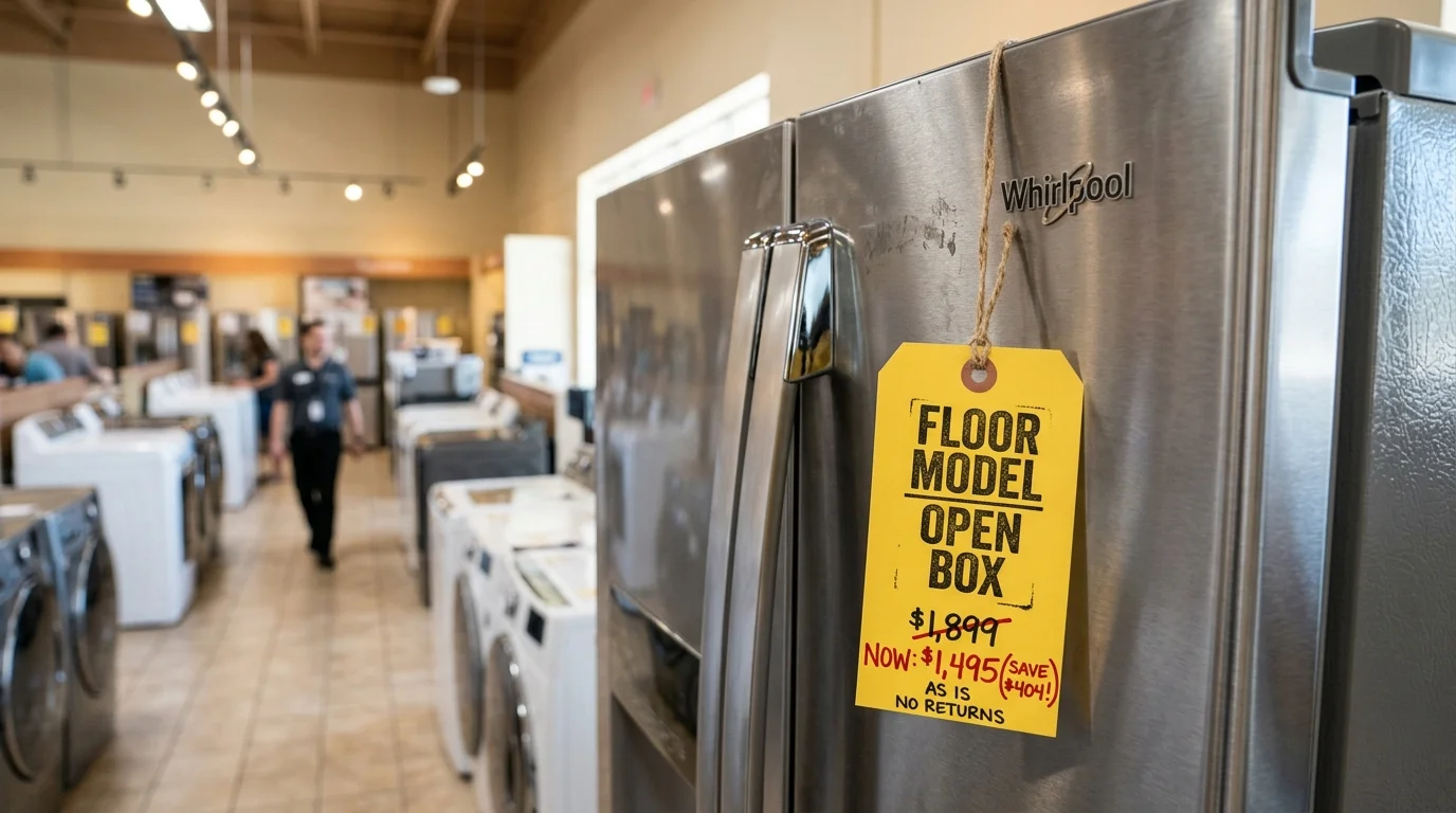 A yellow discount tag reading Floor Model Open Box hanging from a stainless steel refrigerator in an appliance showroom.