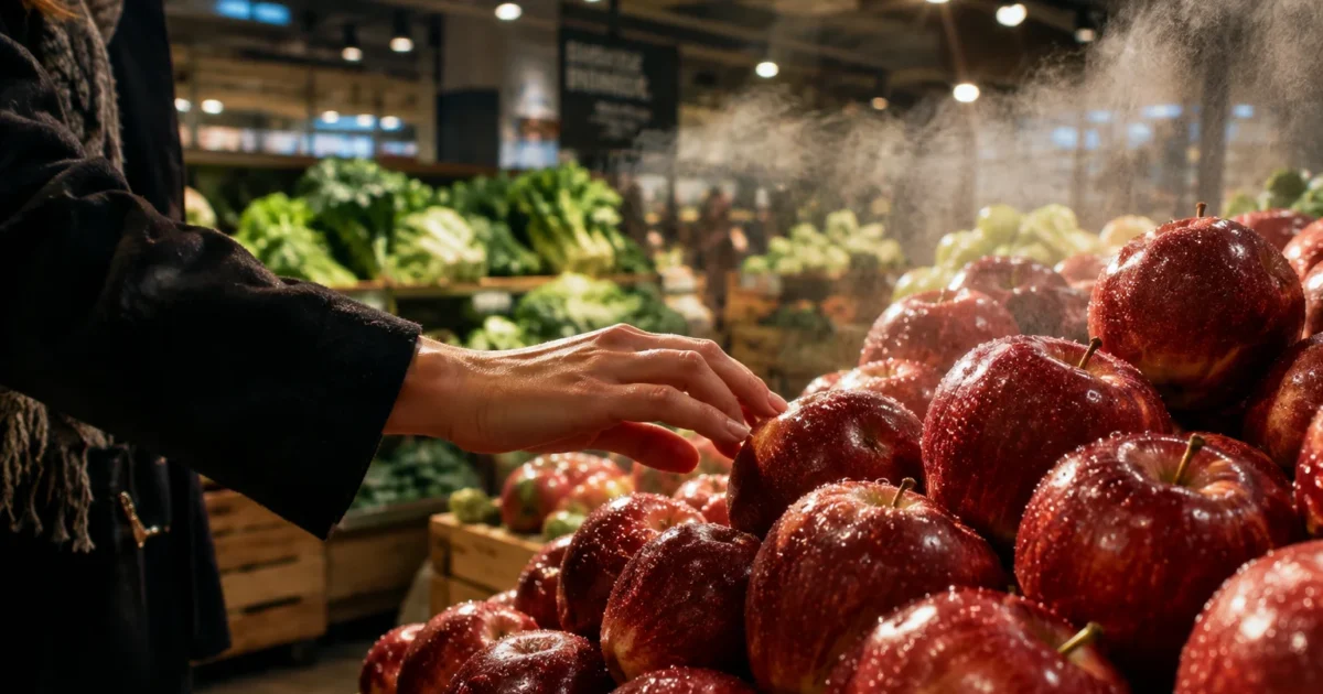 A shopper's hand reaching for fresh red apples on display under a fine water mist in a grocery produce aisle.