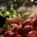 A shopper's hand reaching for fresh red apples on display under a fine water mist in a grocery produce aisle.