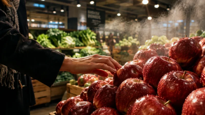 A shopper's hand reaching for fresh red apples on display under a fine water mist in a grocery produce aisle.