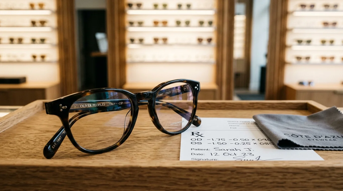Tortoiseshell eyeglasses on a wooden tray beside an eyeglass prescription and cleaning cloth inside an optical shop.